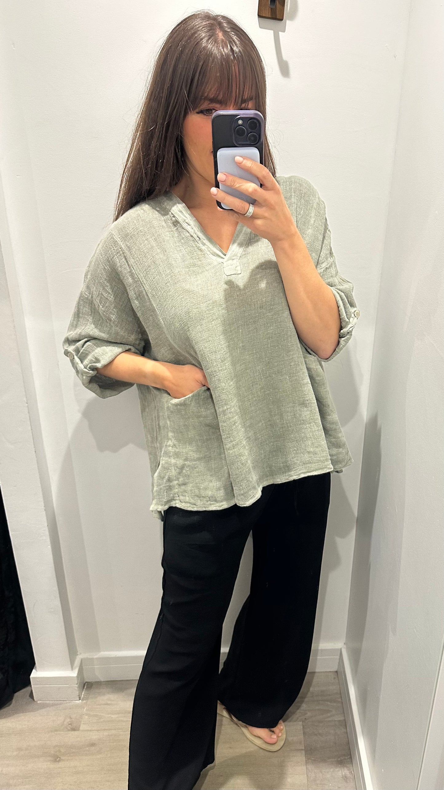 KHAKI LINEN MIX V NECK TEABAG TOP