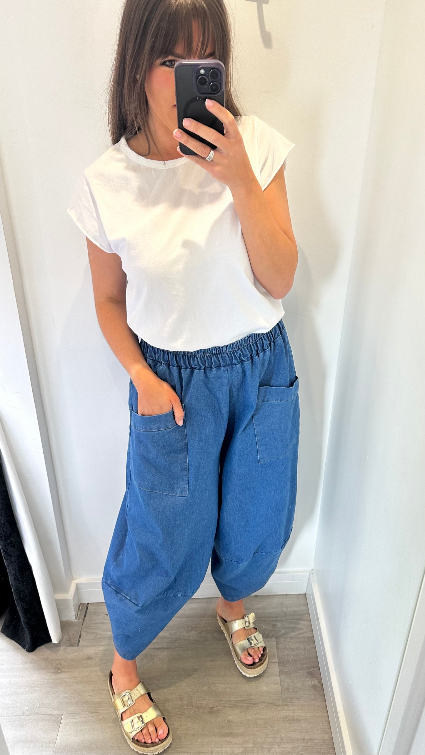 DENIM CROPPED POCKET TROUSERS