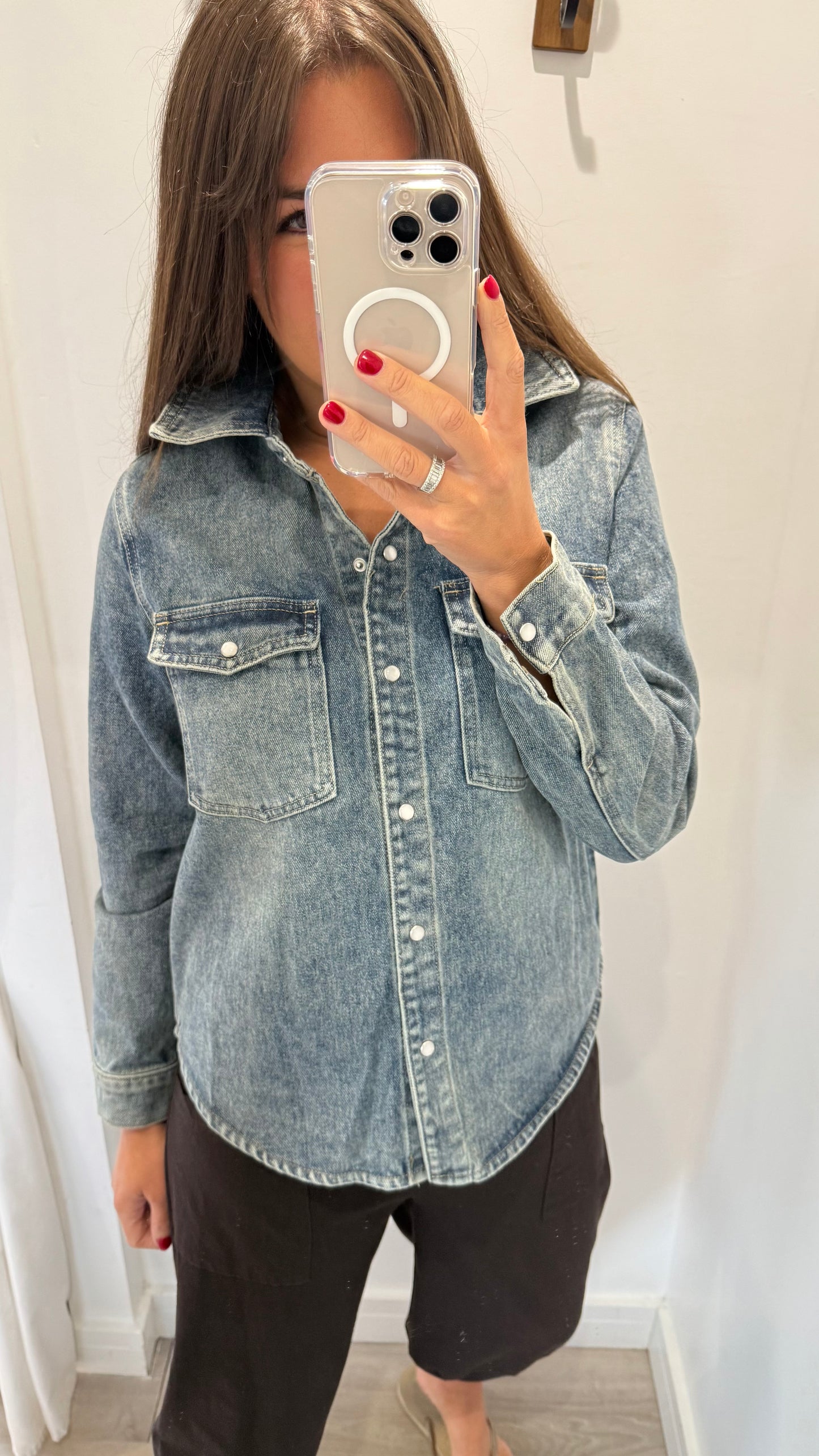 VINTAGE WASH PEARLESCENT BUTTON DENIM SHACKET