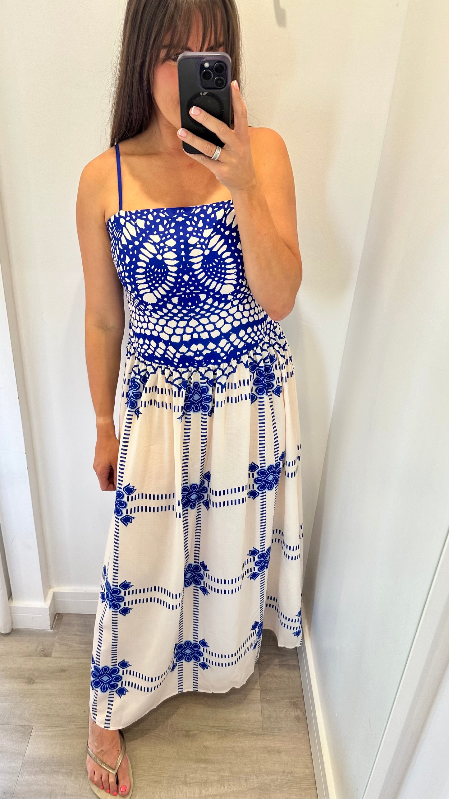 ROYAL BLUE AND WHITE EMBROIDERED MAXI DRESS WITH FITTED BODICE