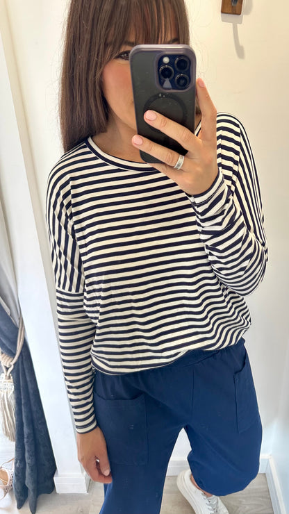 NAVY AND WHITE BRETON STRIPE BATWING TOP