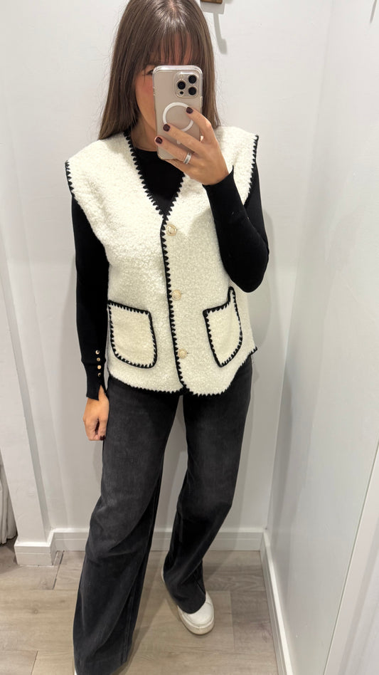 CREAM BOUCLE SLEEVELESS GILET WITH BLACK EDGING