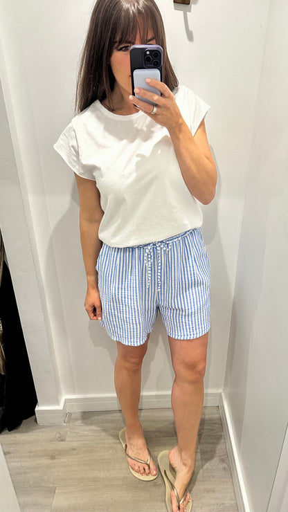 BLUE AND WHITE STRIPE CHEESECLOTH SHORTS