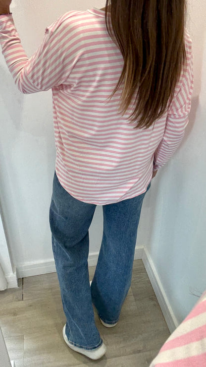 PINK AND WHITE BRETON STRIPE BATWING TOP