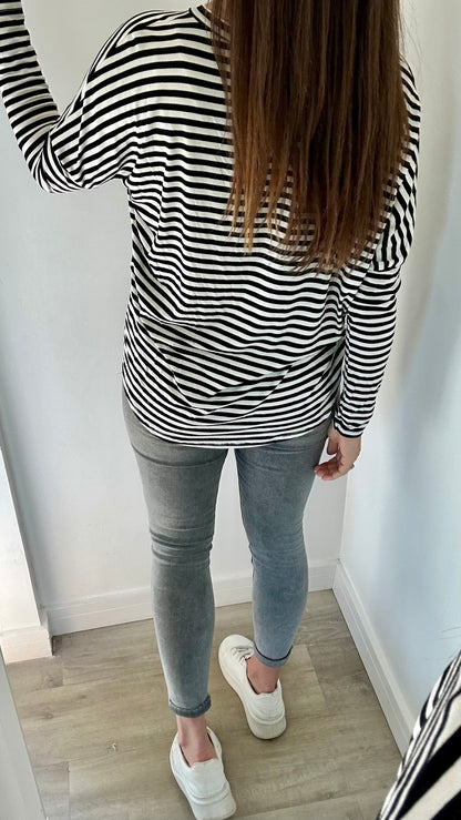 BLACK AND WHITE BRETON STRIPE BATWING TOP