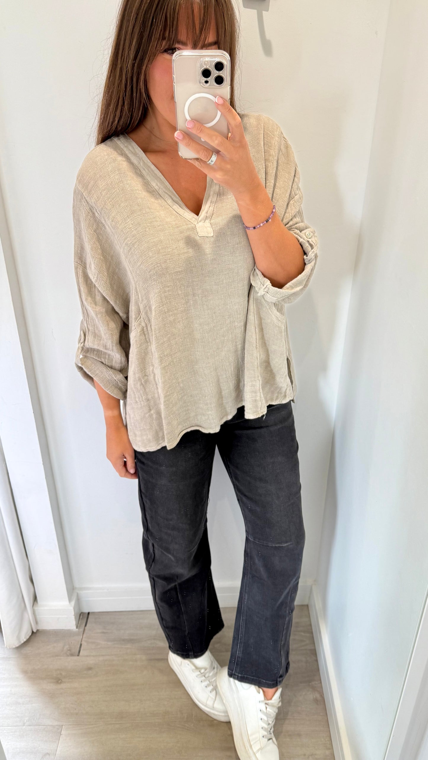 STONE LINEN MIX V NECK TEABAG TOP