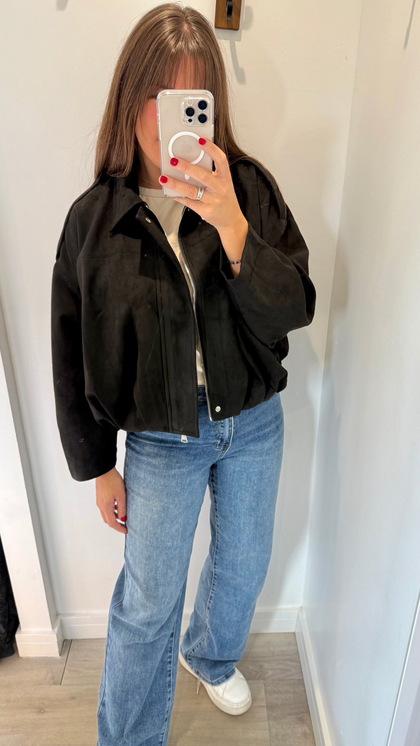 BLACK SUEDETTE BOMBER JACKET