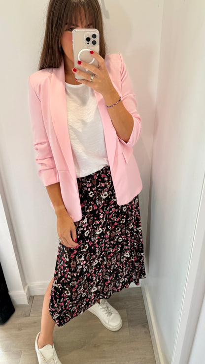 FLORAL PRINT MIDI SKIRT - BLACK WITH BLUSH AND NUDE