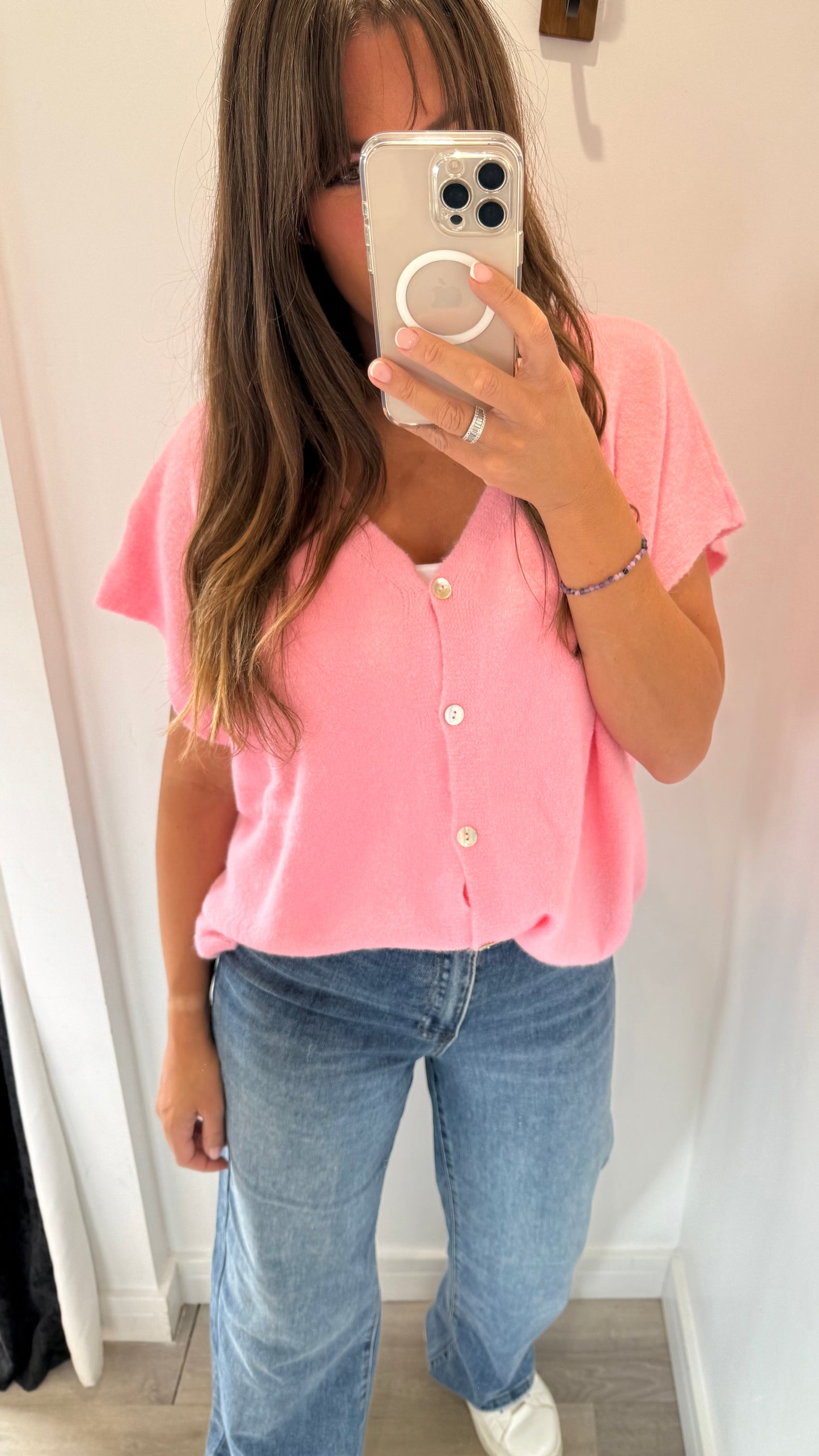 PINK DEEP V BOXY SLEEVELESS CARDIGAN