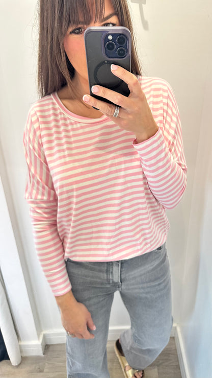 PINK AND WHITE BRETON STRIPE BATWING TOP