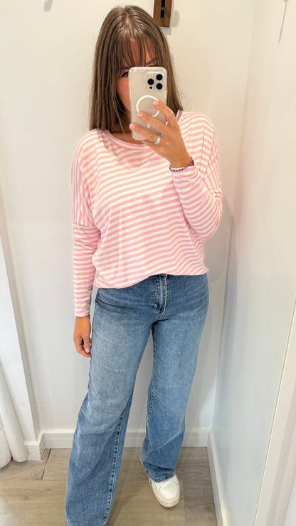 PINK AND WHITE BRETON STRIPE BATWING TOP