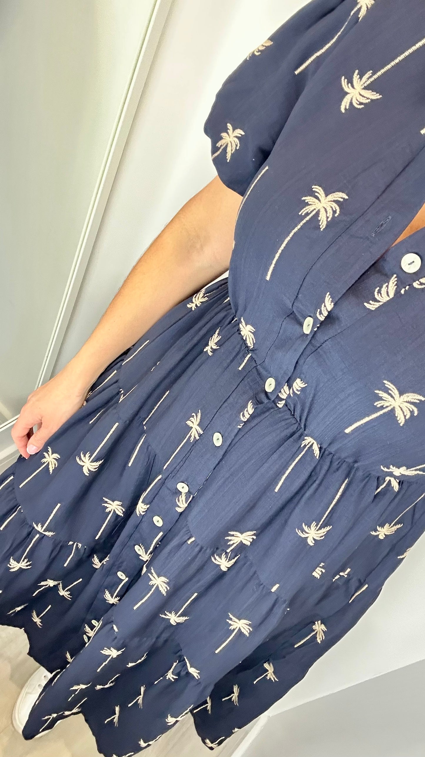 NAVY AND TAN PALM PRINT DRESS