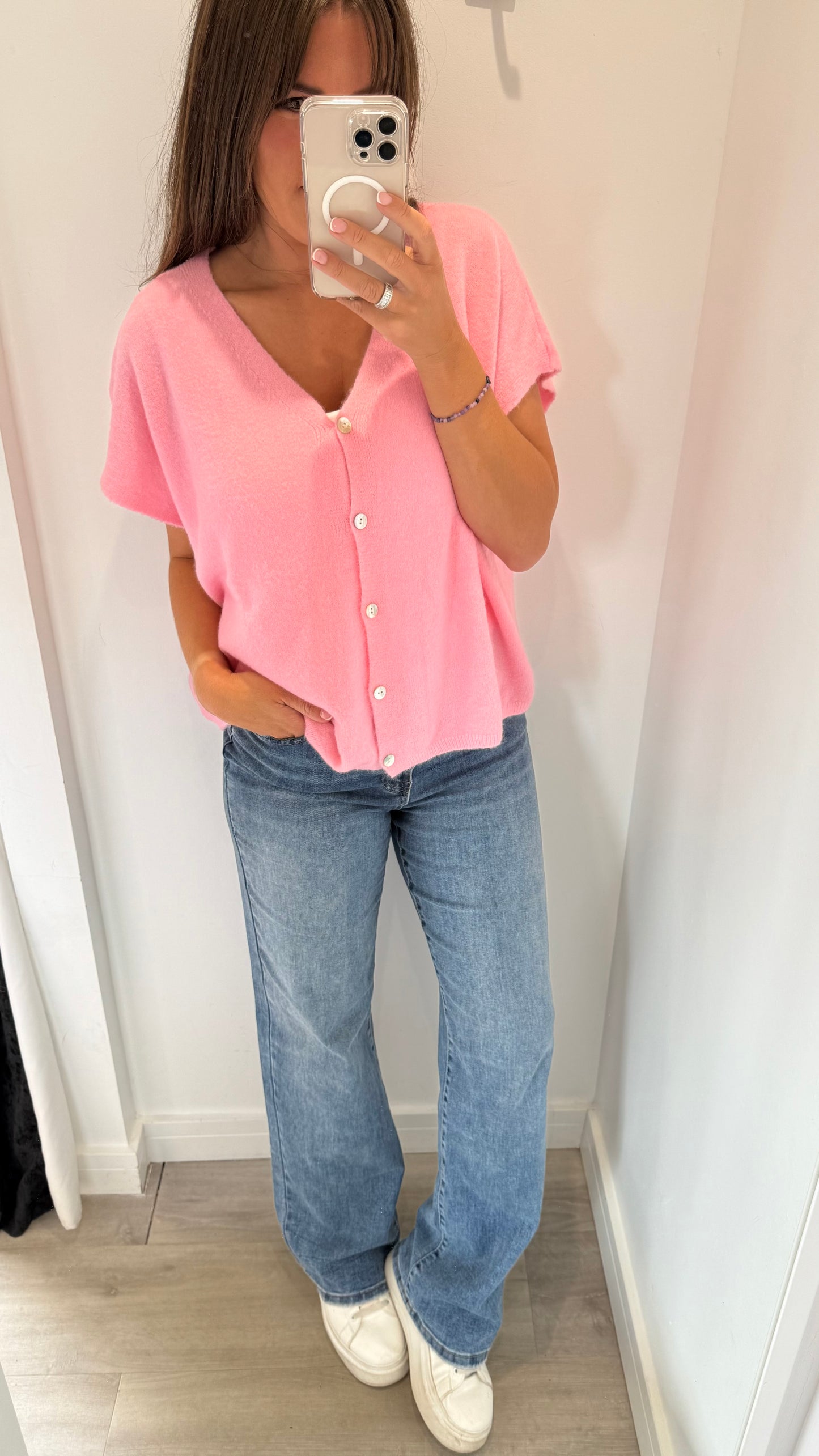 PINK DEEP V BOXY SLEEVELESS CARDIGAN