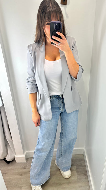 PALE GREY RUCHED SLEEVE BLAZER