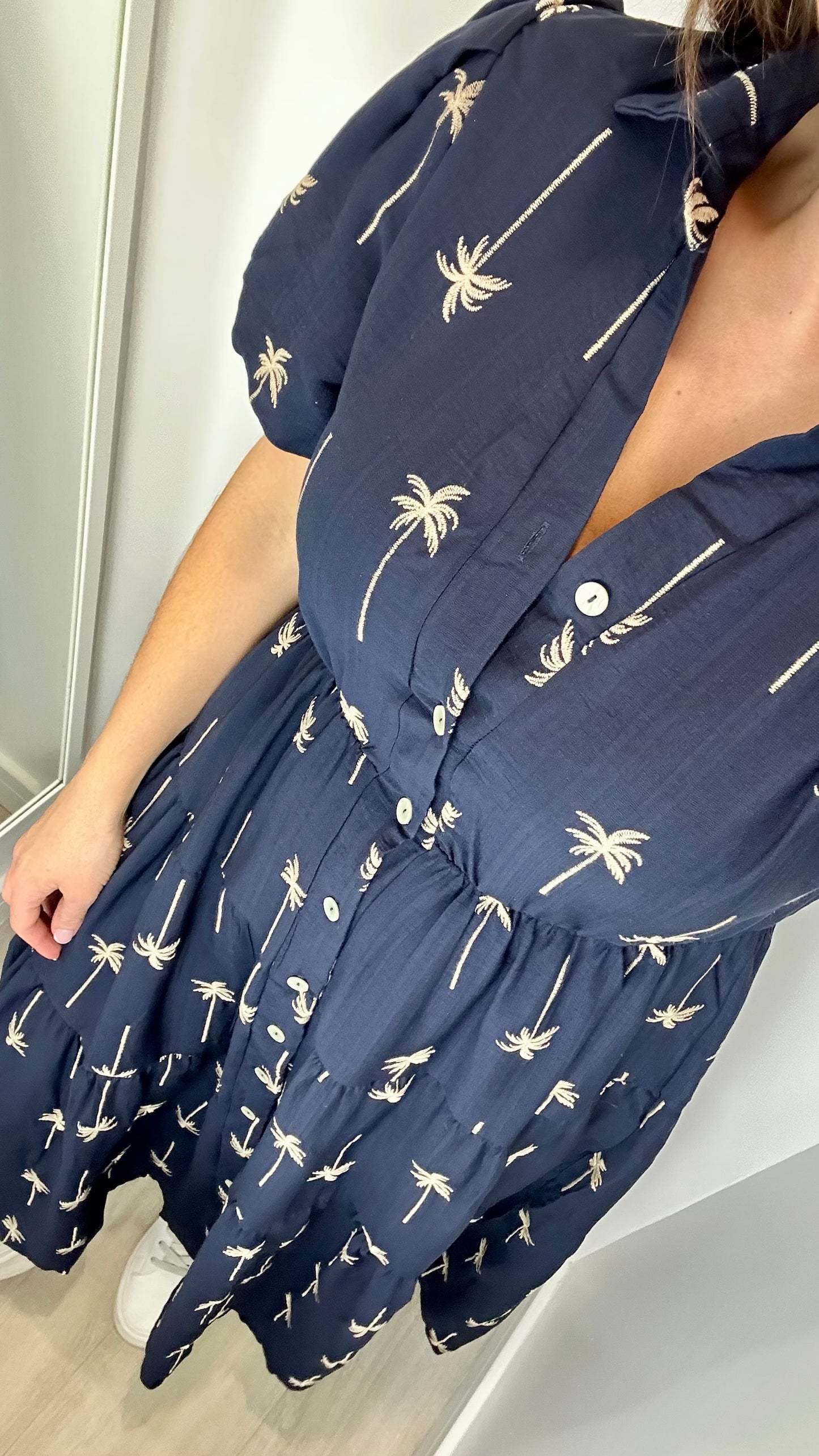 NAVY AND TAN PALM PRINT DRESS