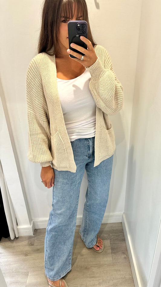 STONE OPEN FRONT POCKET CARDIGAN