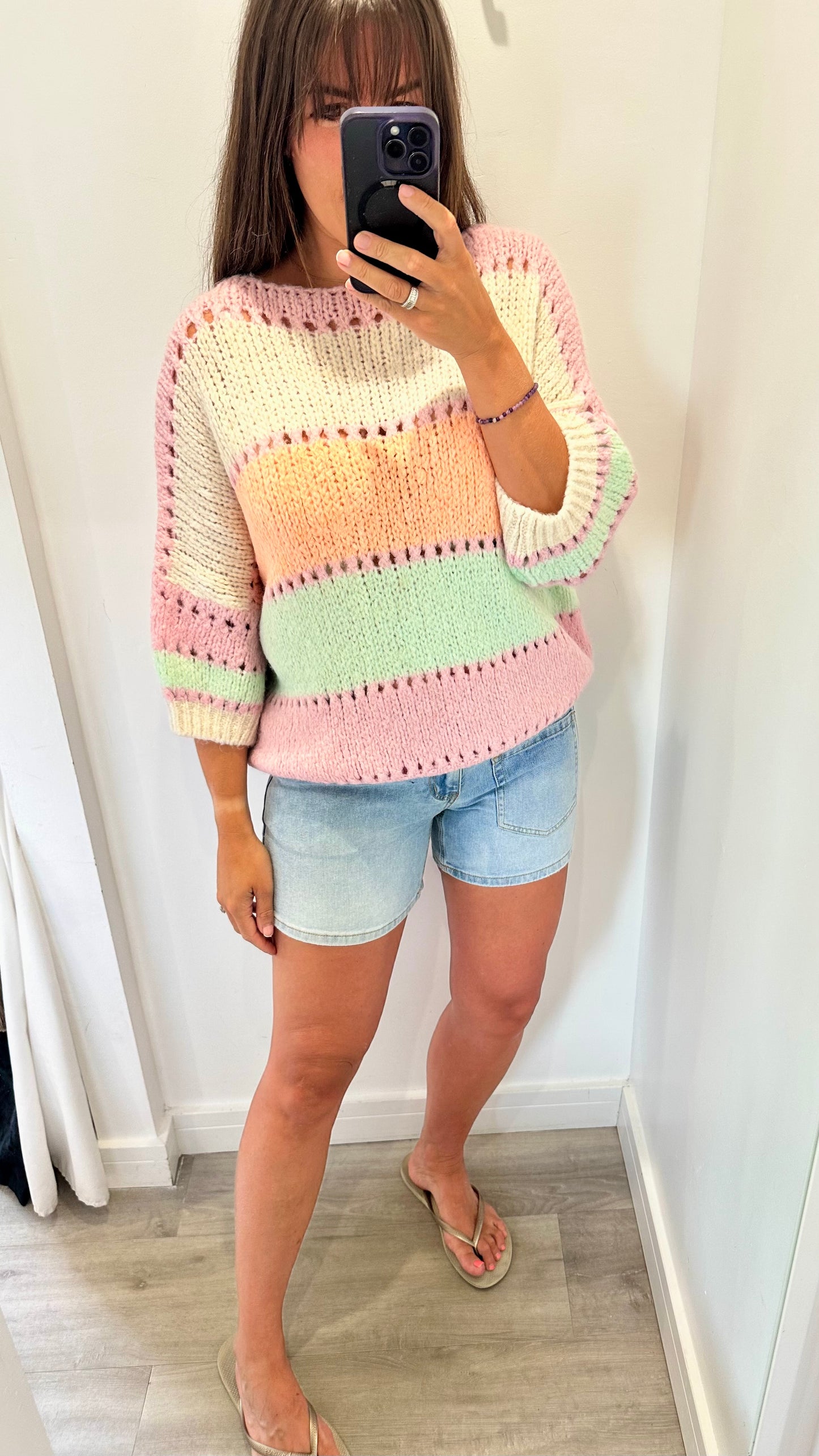 PASTEL COLOUR BLOCK CROCHET STYLE KNIT JUMPER