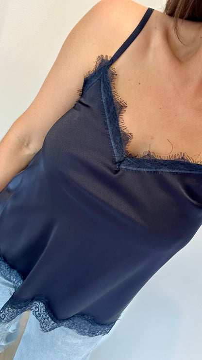 MIDNIGHT BLUE LACE DETAIL SILK CAMI TOP