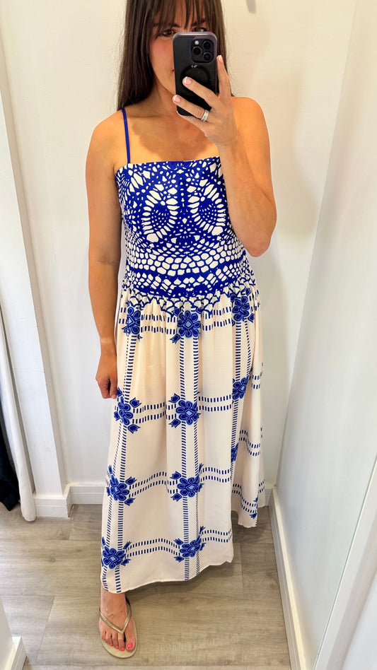 ROYAL BLUE AND WHITE EMBROIDERED MAXI DRESS WITH FITTED BODICE