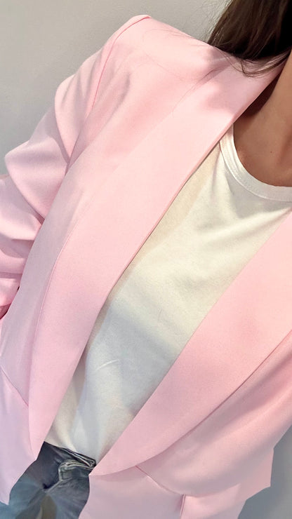 BABY PINK RUCHED SLEEVE BLAZER