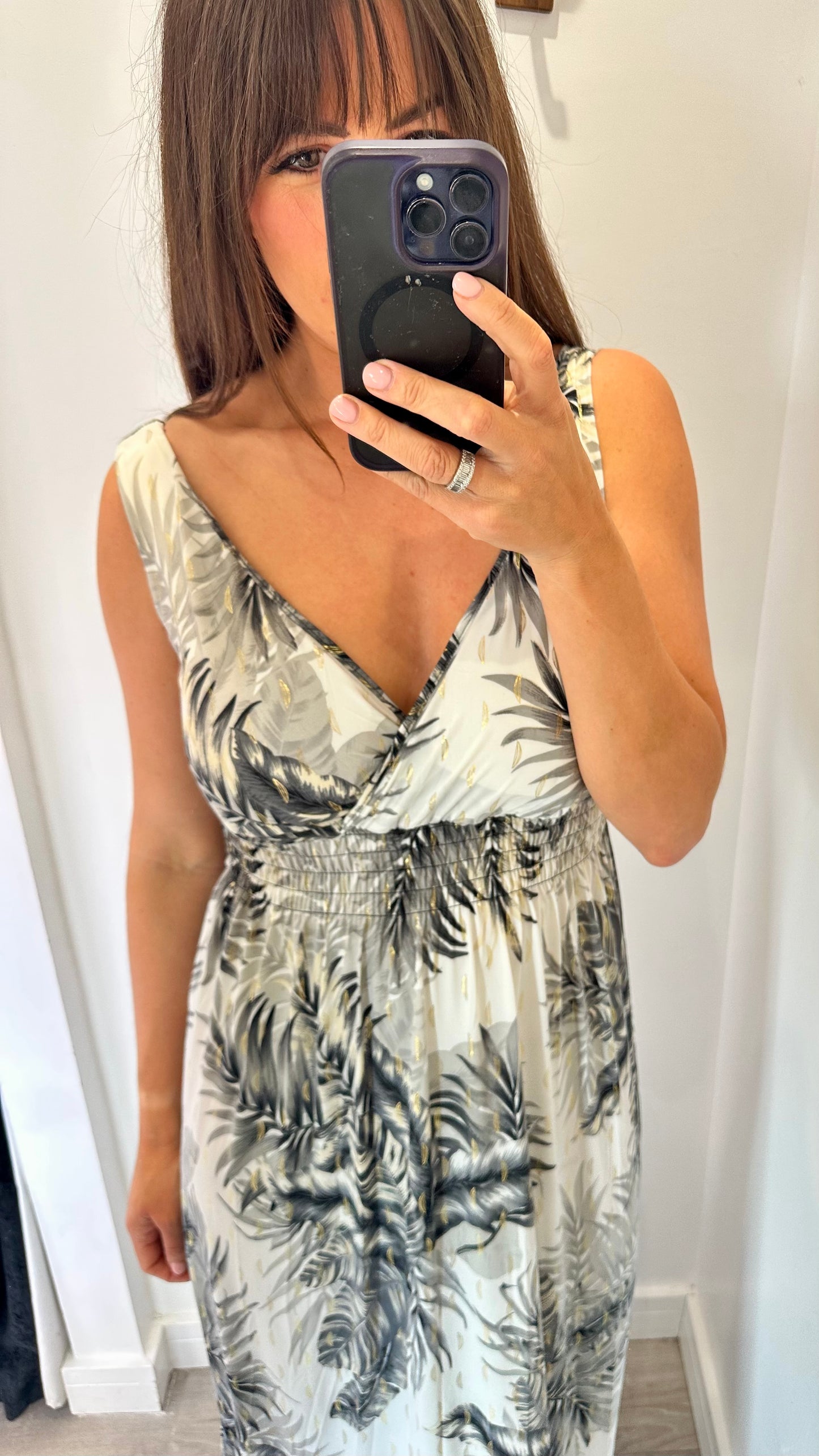 CHARCOAL PALM PRINT MAXI DRESS