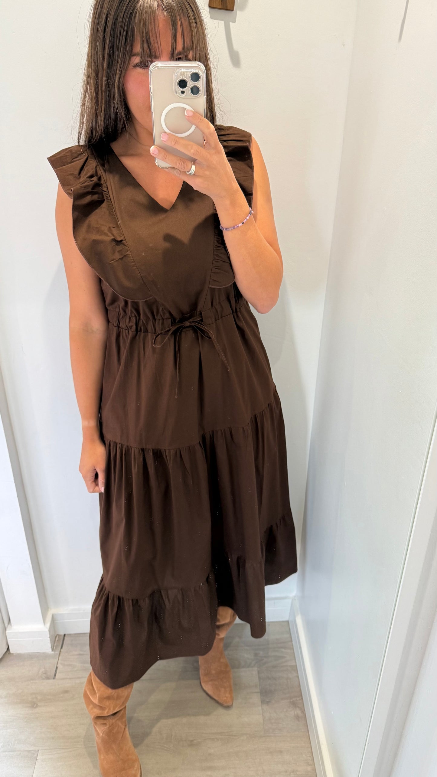 BROWN JET TIERED COTTON MAXI DRESS