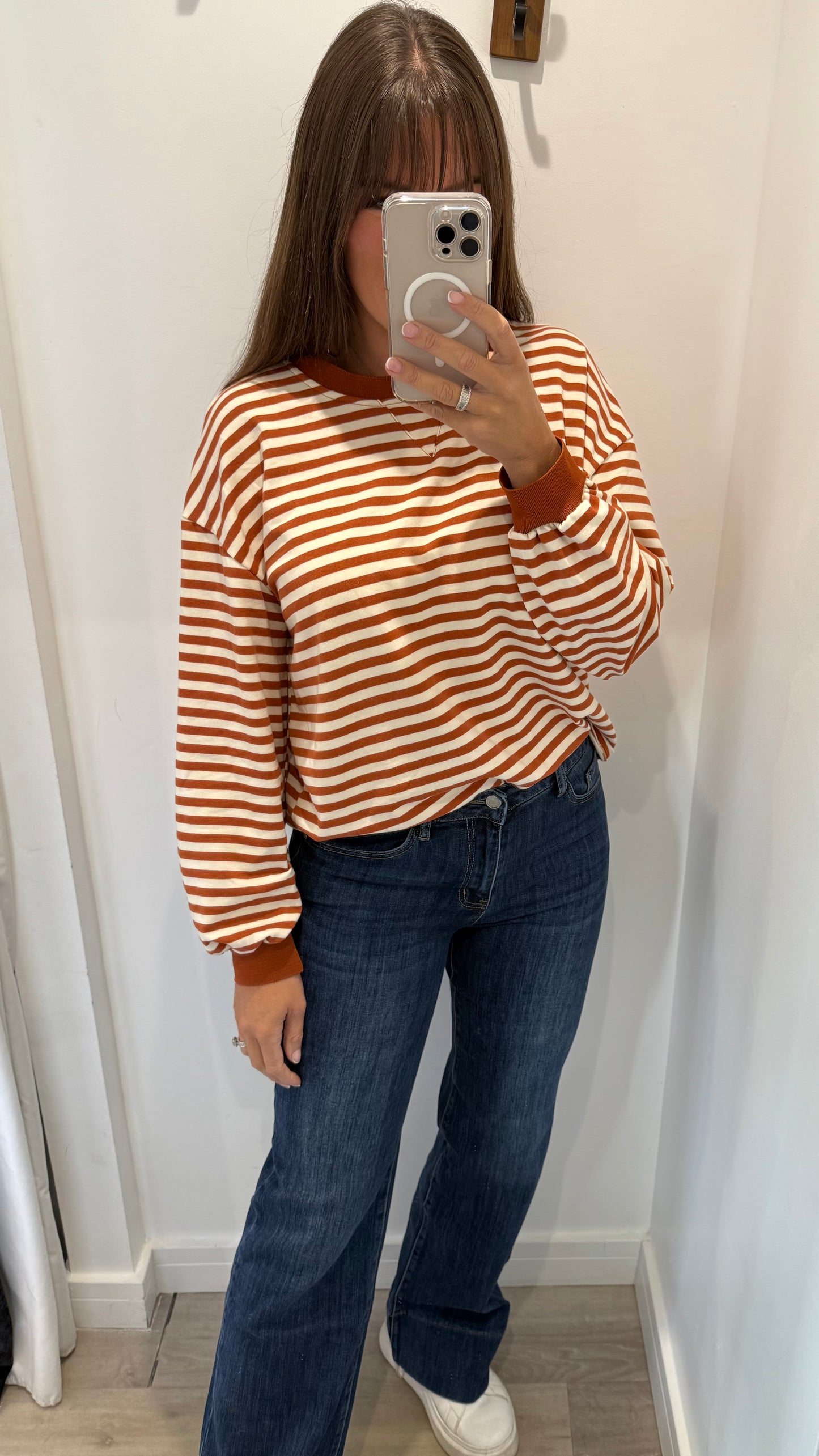 RUST AND CREAM STRIPE CREW SWEAT TOP
