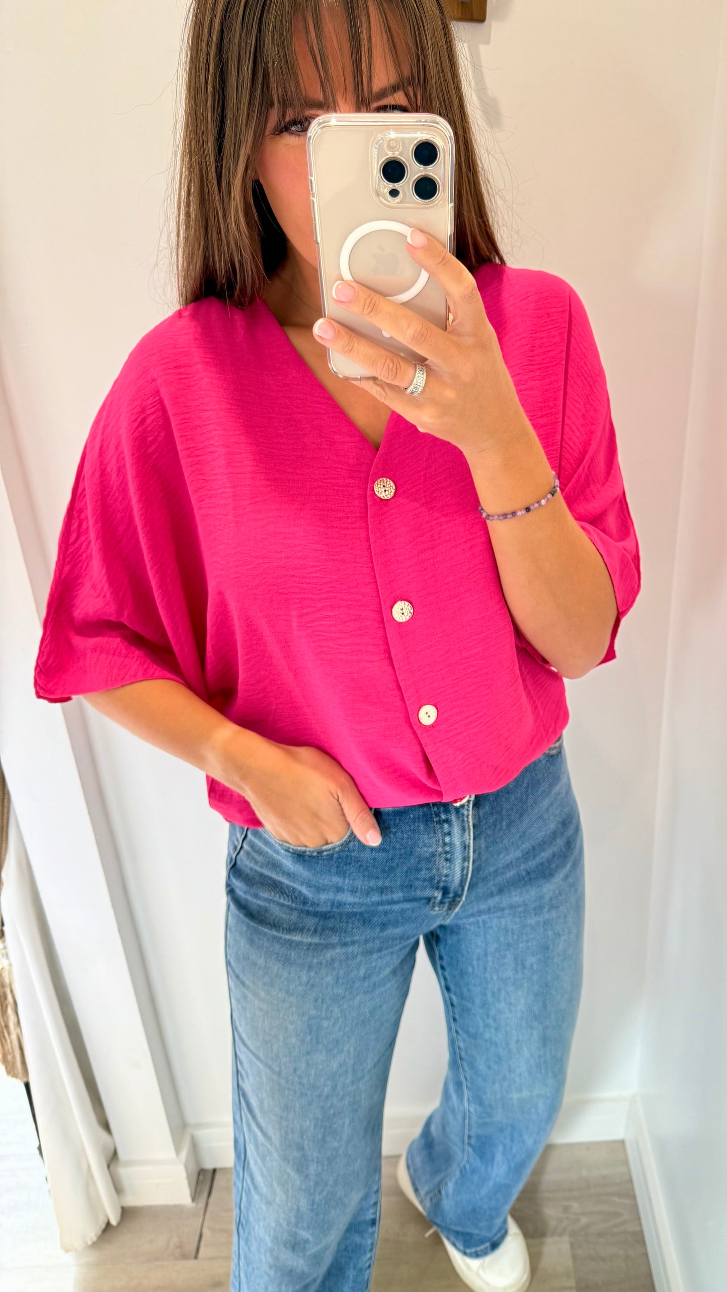 BRIGHT PINK FLOATY SLEEVE BUTTON TOP