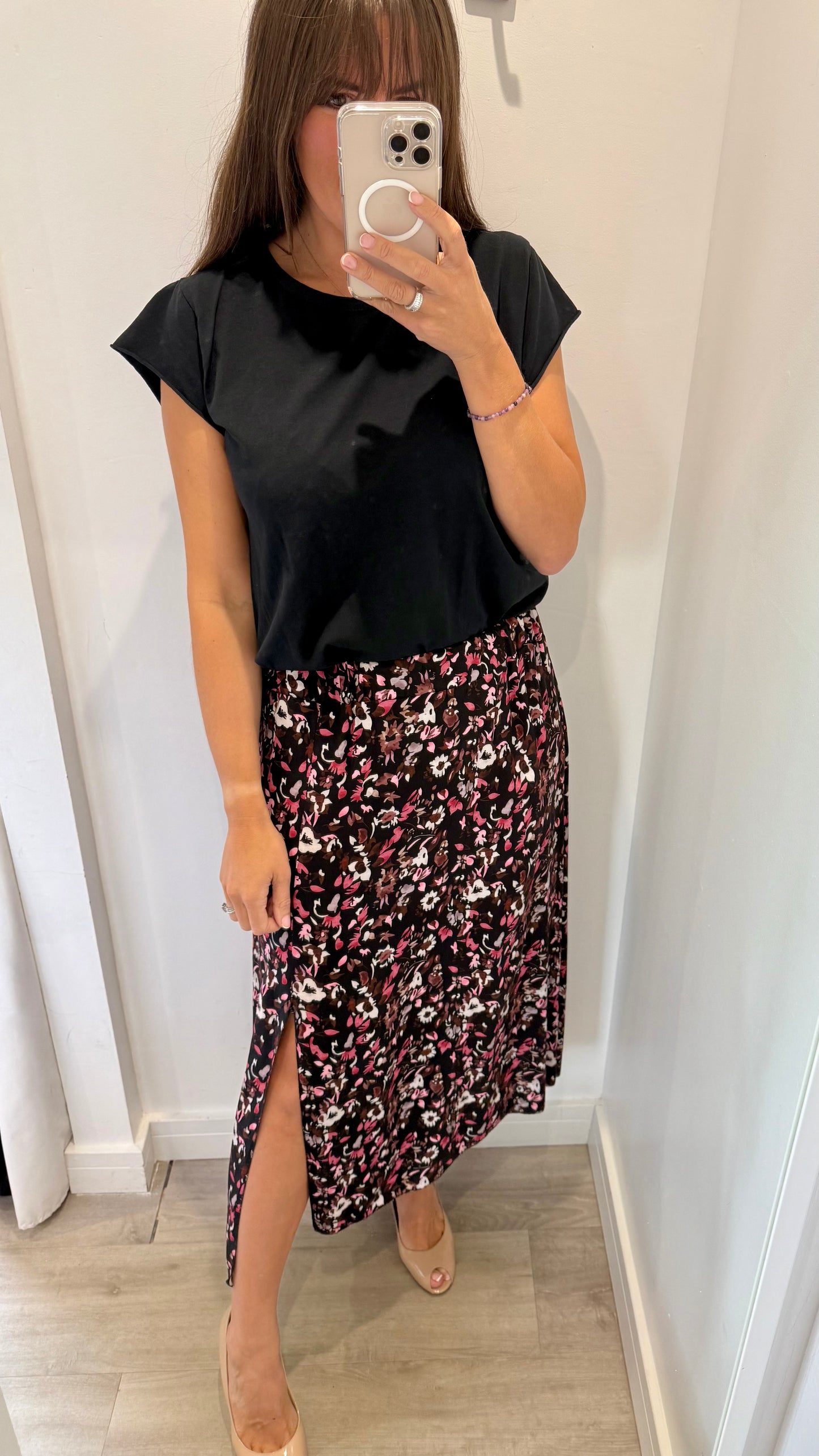 FLORAL PRINT MIDI SKIRT - BLACK WITH BLUSH AND NUDE