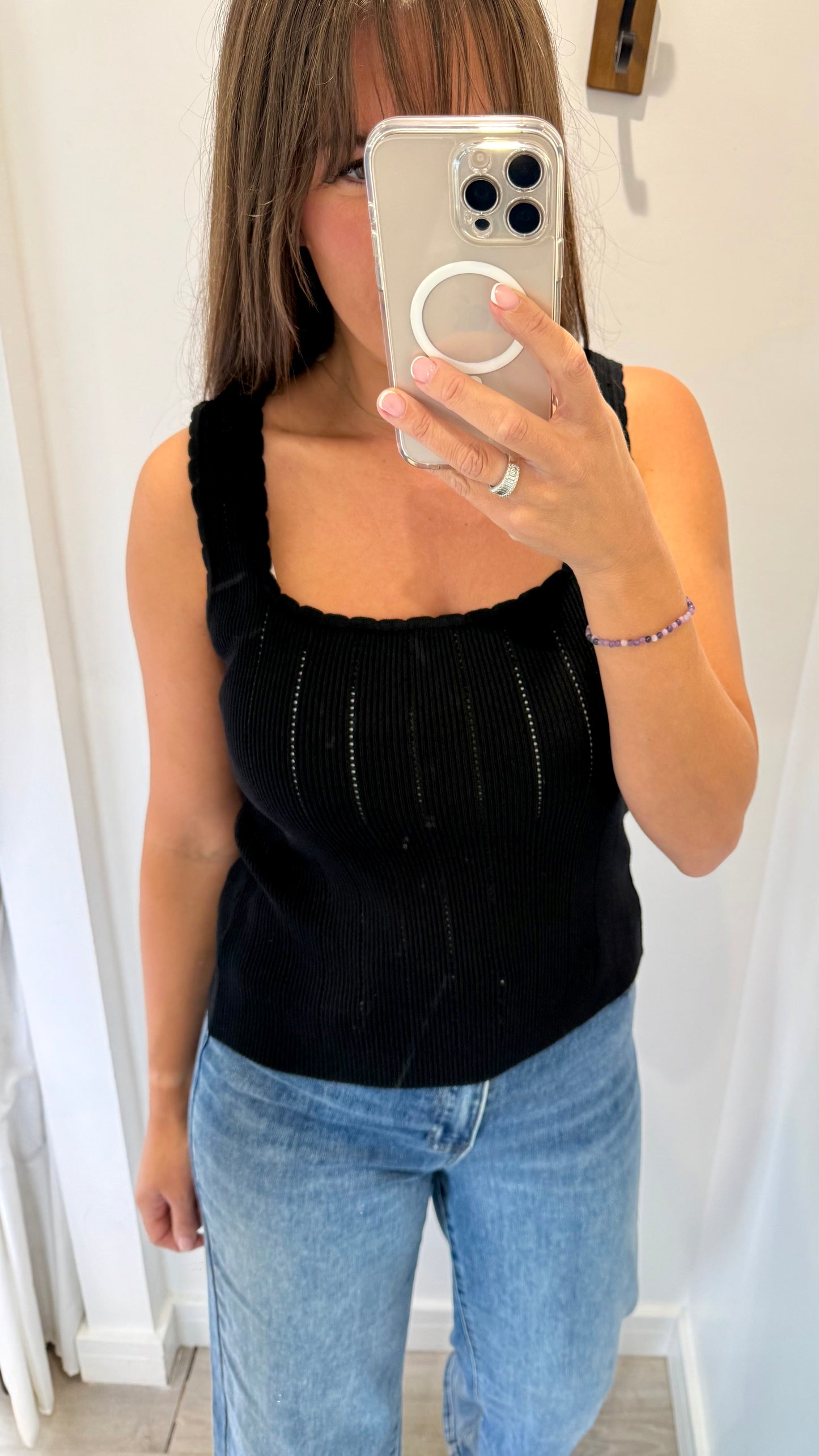 BLACK SCALLOP TRIM VEST TOP