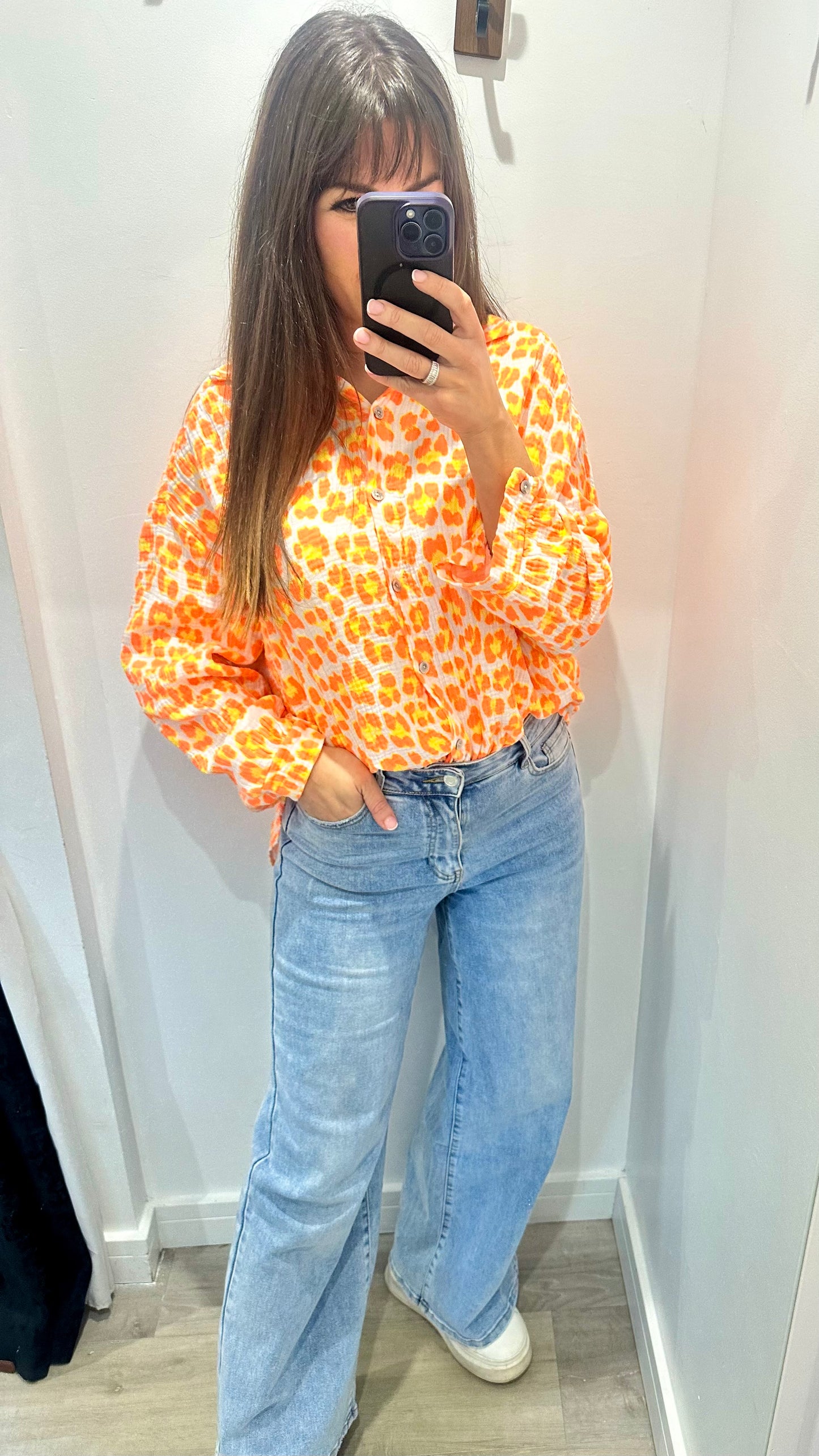 ORANGE, YELLOW, AND WHITE NEON LEOPARD CHESSECLOTH SHIRT