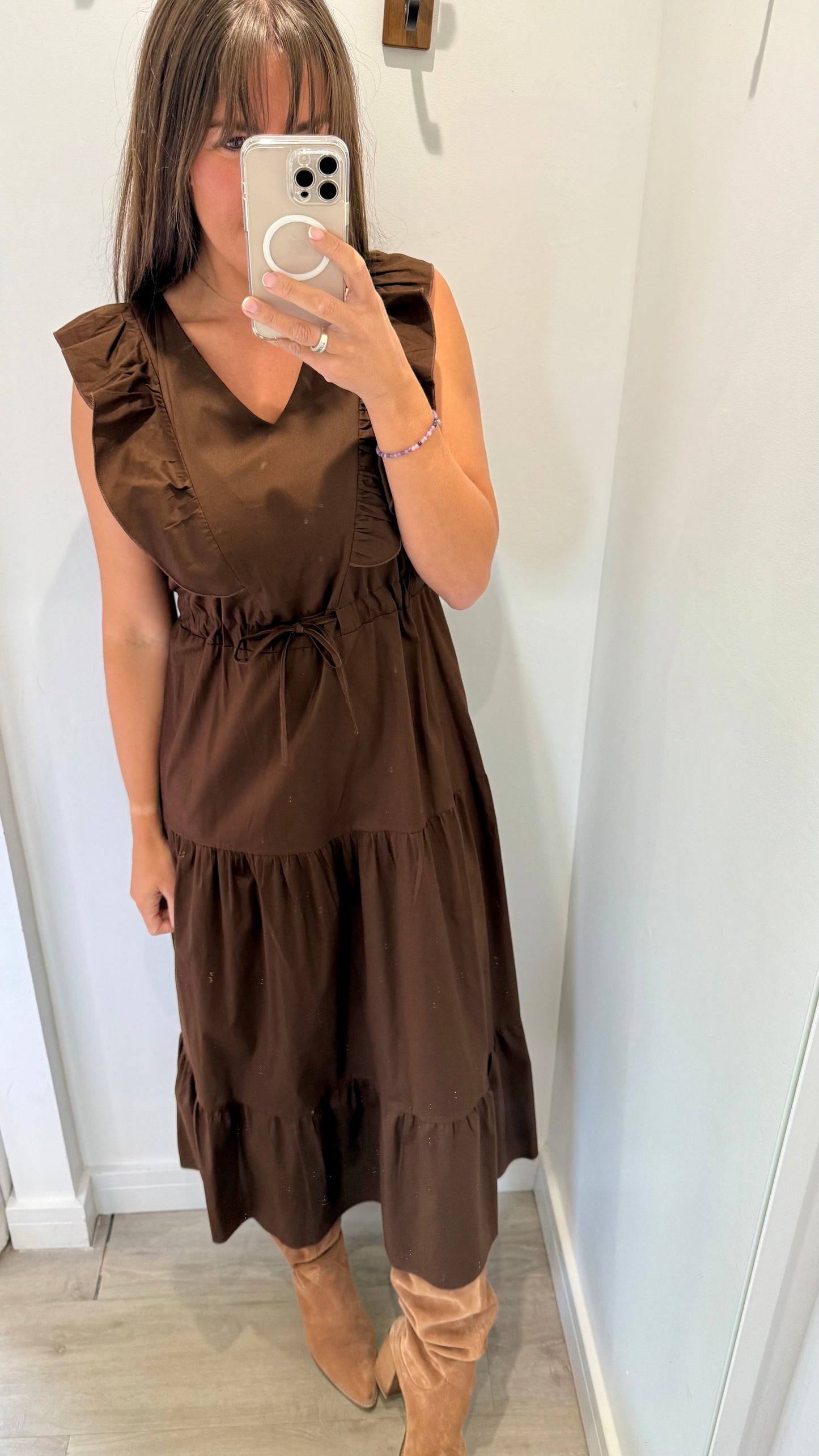 BROWN JET TIERED COTTON MAXI DRESS