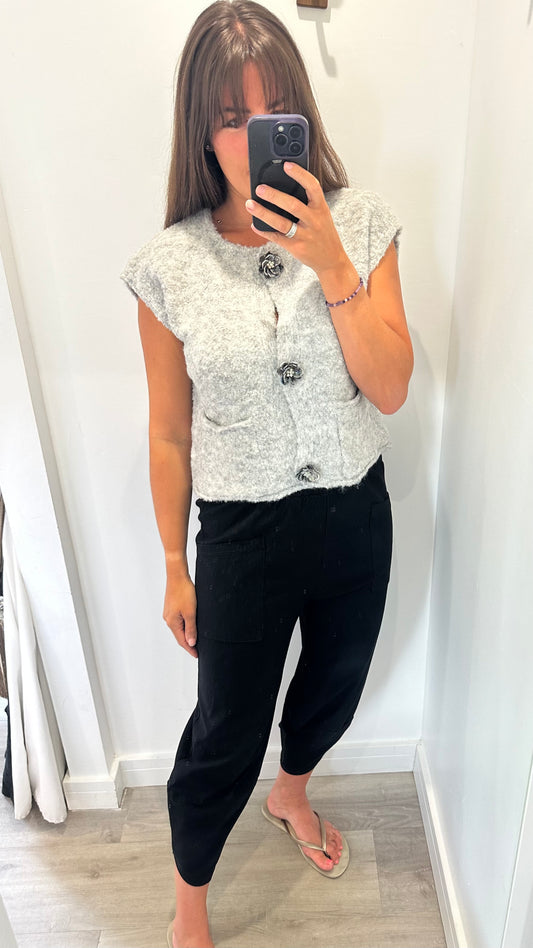 CAP SLEEVE BOUCLE-STYLE WAISTCOAT TOP WITH FLOWER BUTTONS