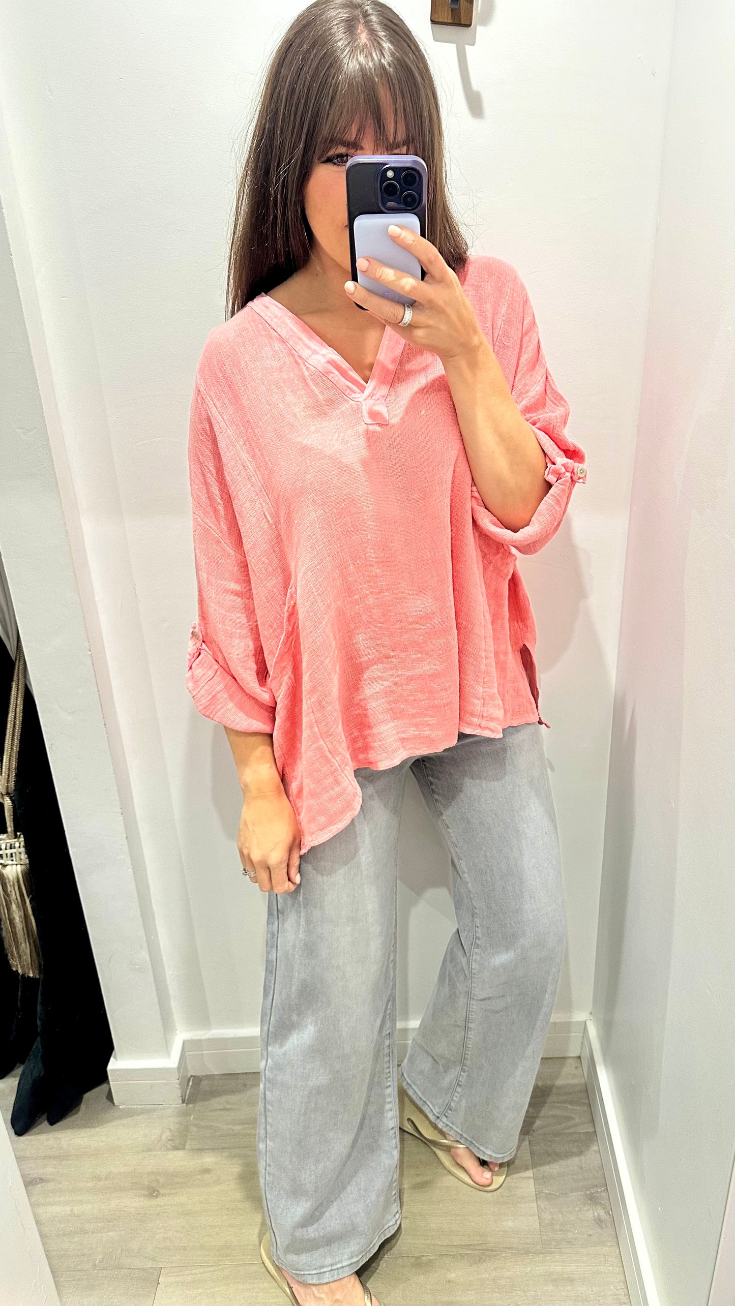CORAL LINEN MIX V NECK TEABAG TOP