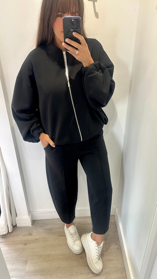 BLACK COLLARLESS ZIP JACKET & BALLOON TROUSER CO-ORD