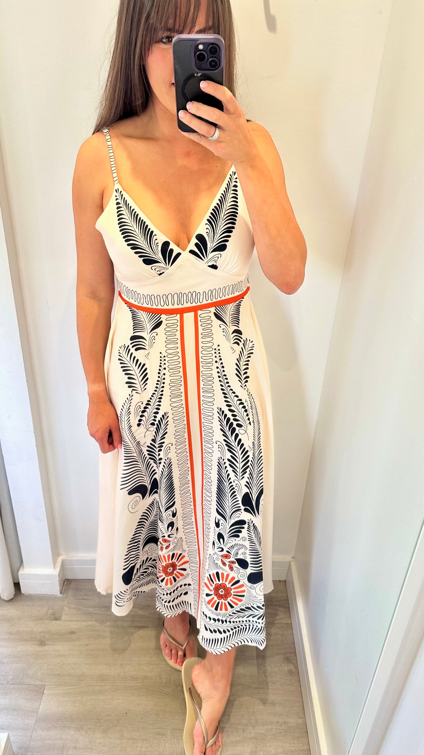 WHITE MAXI DRESS WITH BLACK LEAF PRINT & CORAL TRIM