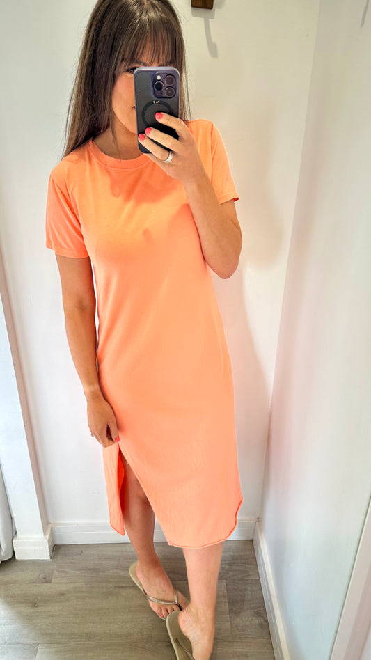 CORAL JERSEY RAW EDGE MIDI T-SHIRT DRESS