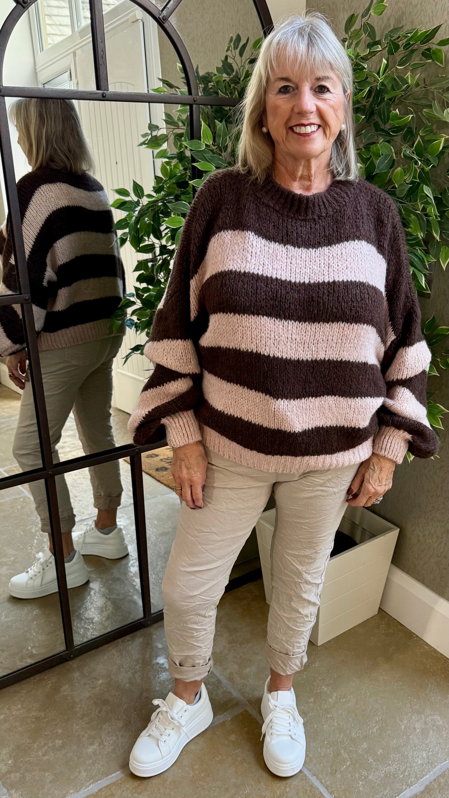 CHOCOLATE AND PALE PINK STRIPE TEXTURED KNIT JUMPER