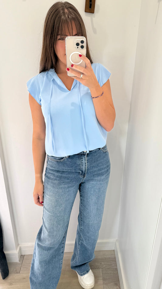 POWDER BLUE TIE-UP BLOUSE WITH FRILL SLEEVE