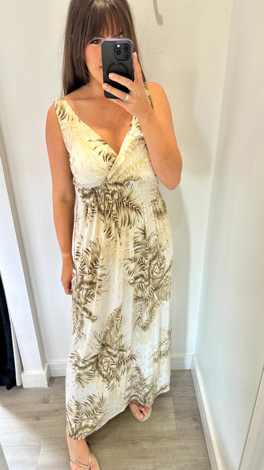 NUDE AND BROWN PALM PRINT MAXI DRESS