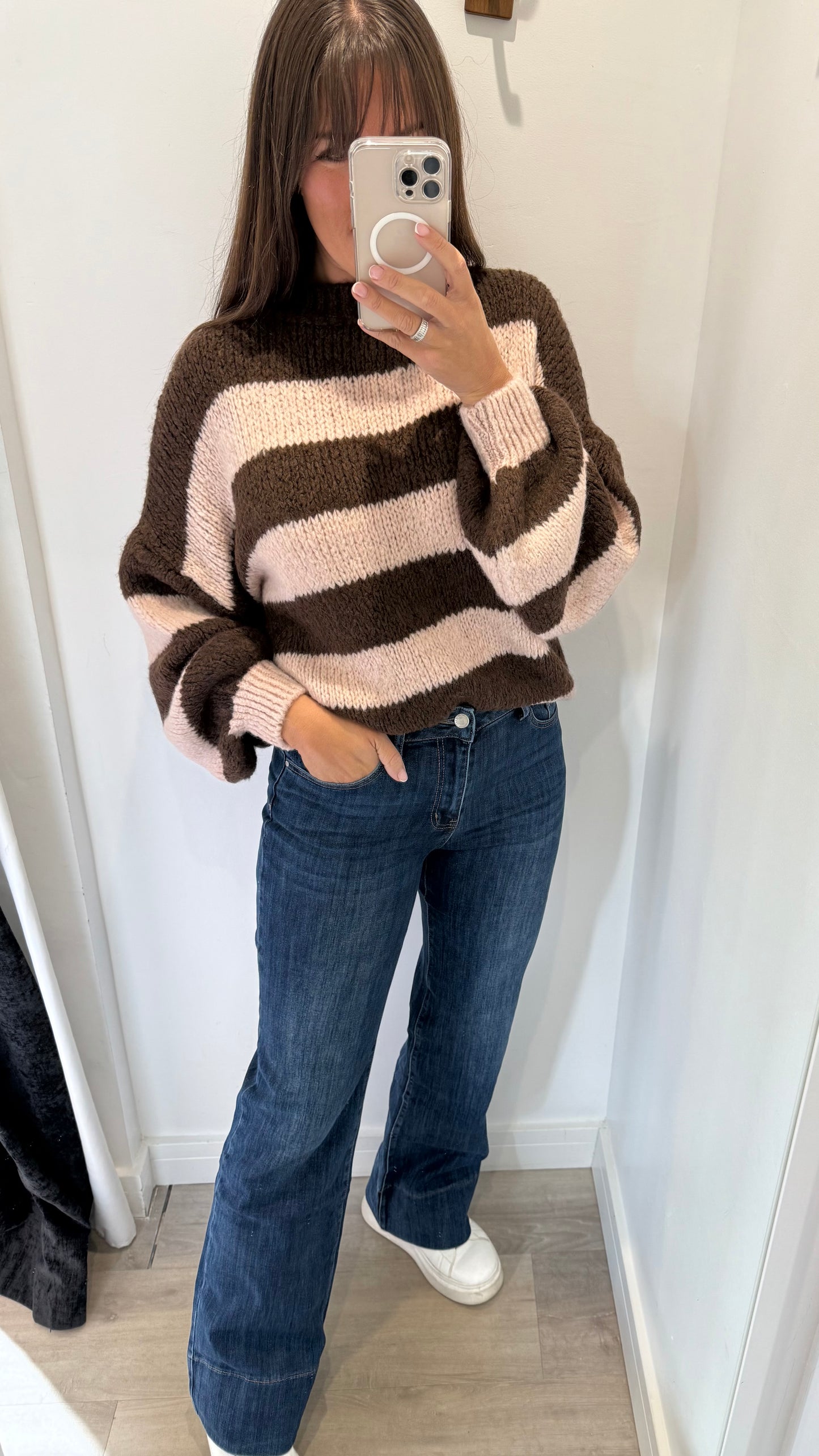 CHOCOLATE AND PALE PINK STRIPE TEXTURED KNIT JUMPER
