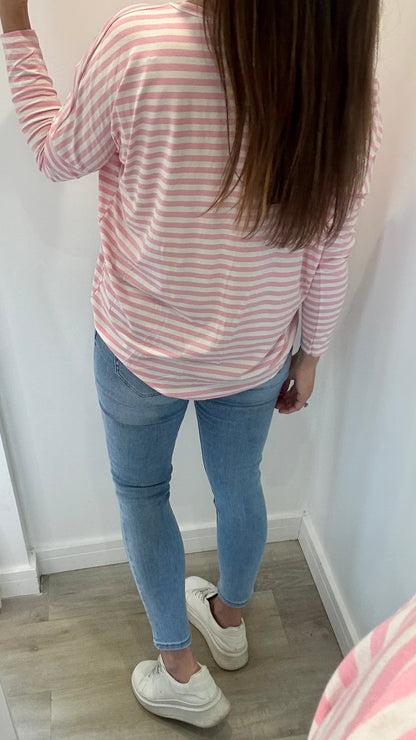 PINK AND WHITE BRETON STRIPE BATWING TOP