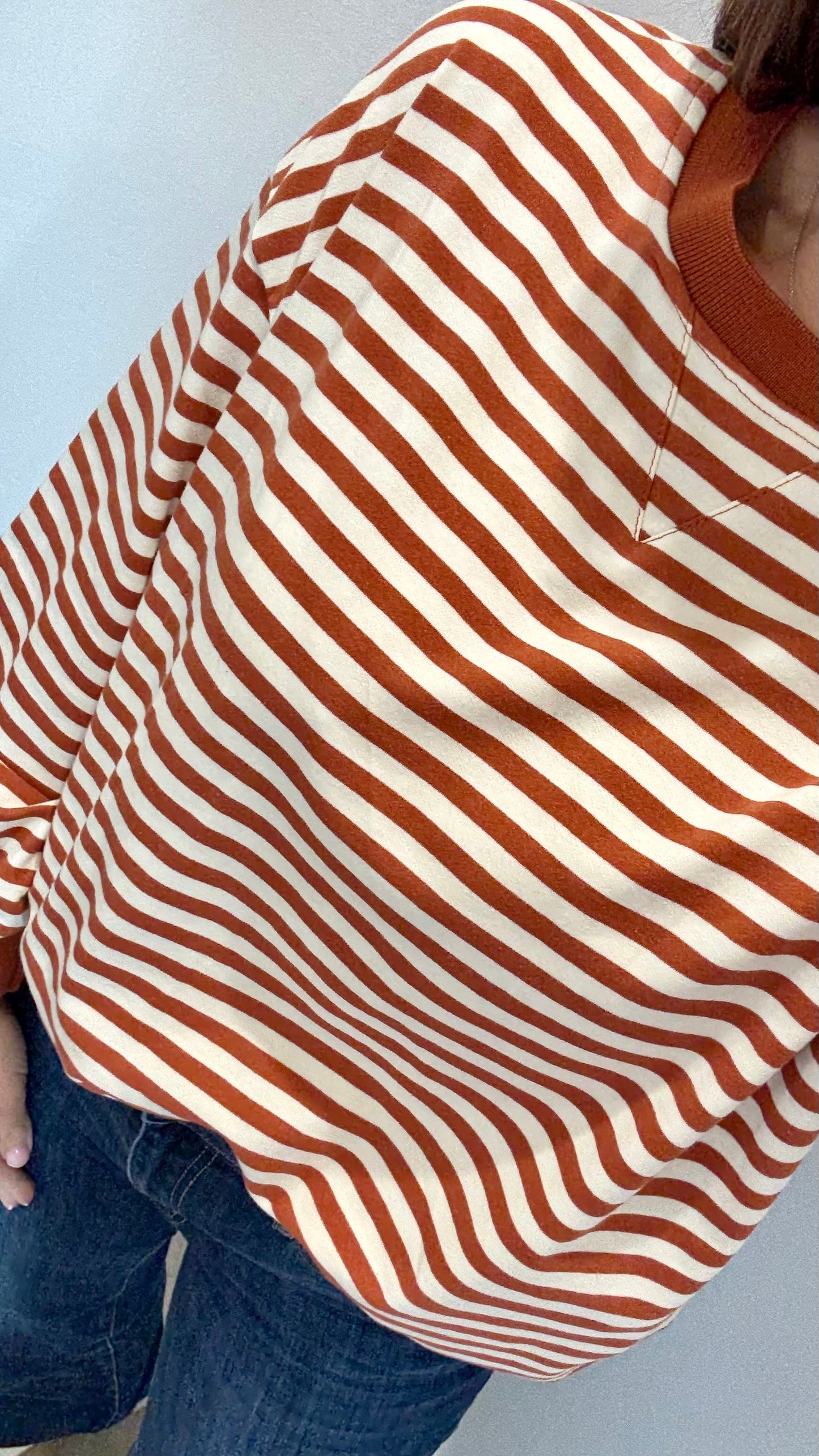 RUST AND CREAM STRIPE CREW SWEAT TOP
