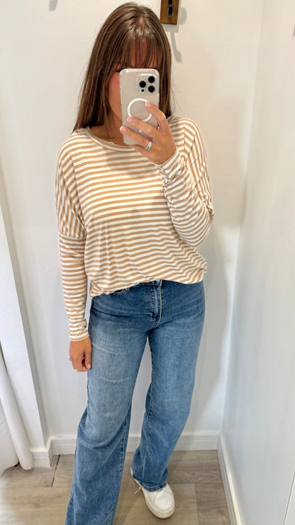 SAND AND WHITE BRETON STRIPE BATWING TOP