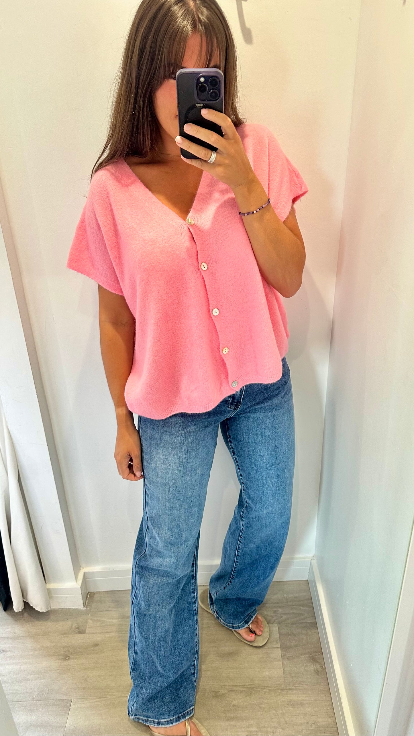 PINK DEEP V BOXY SLEEVELESS CARDIGAN