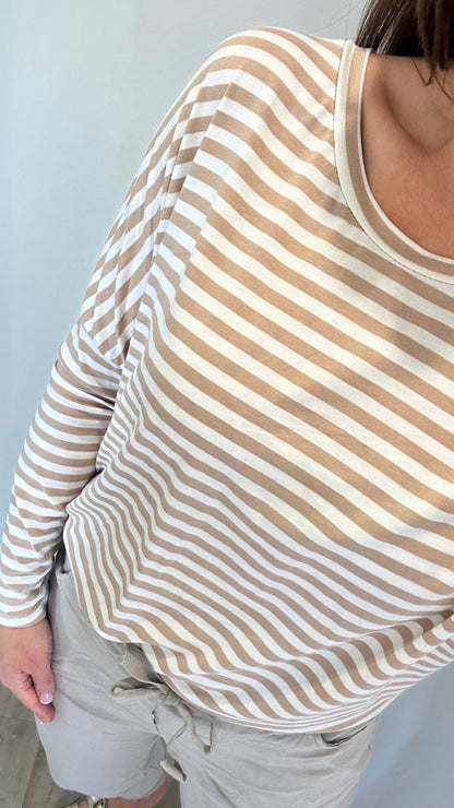 SAND AND WHITE BRETON STRIPE BATWING TOP