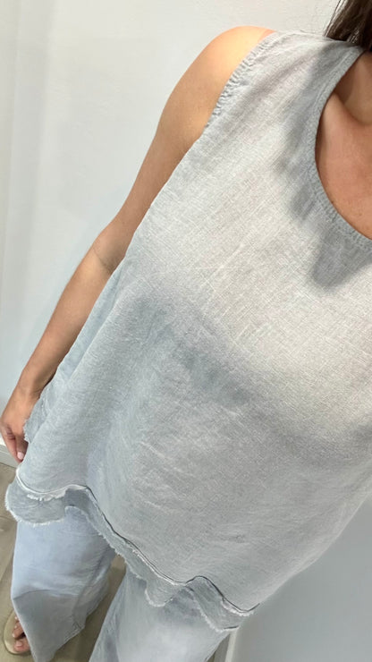 PALE GREY SLEEVELESS LINEN MIX TOP