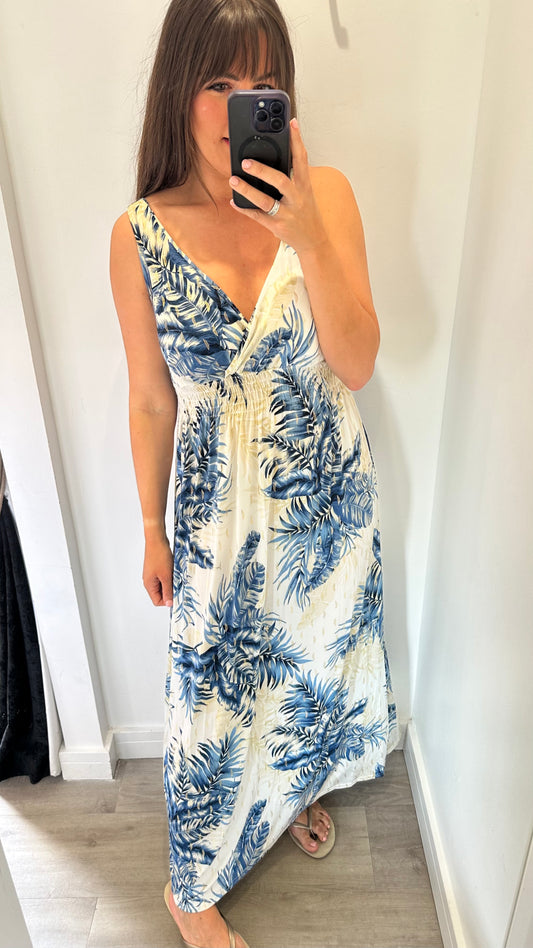 NAVY PALM PRINT MAXI DRESS
