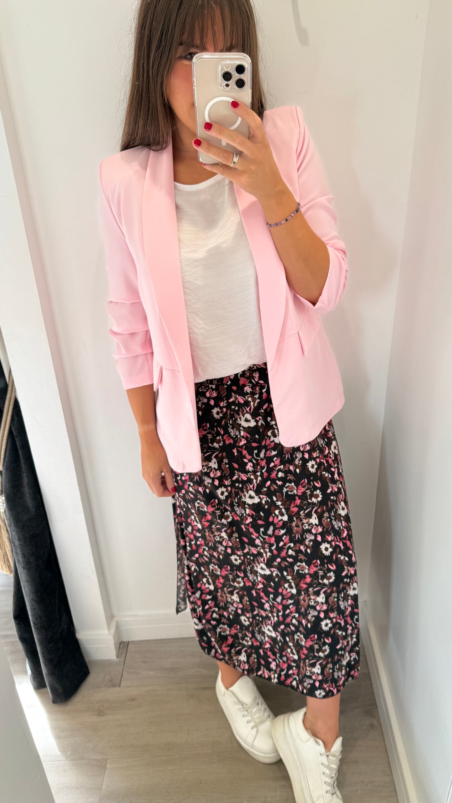 FLORAL PRINT MIDI SKIRT - BLACK WITH BLUSH AND NUDE