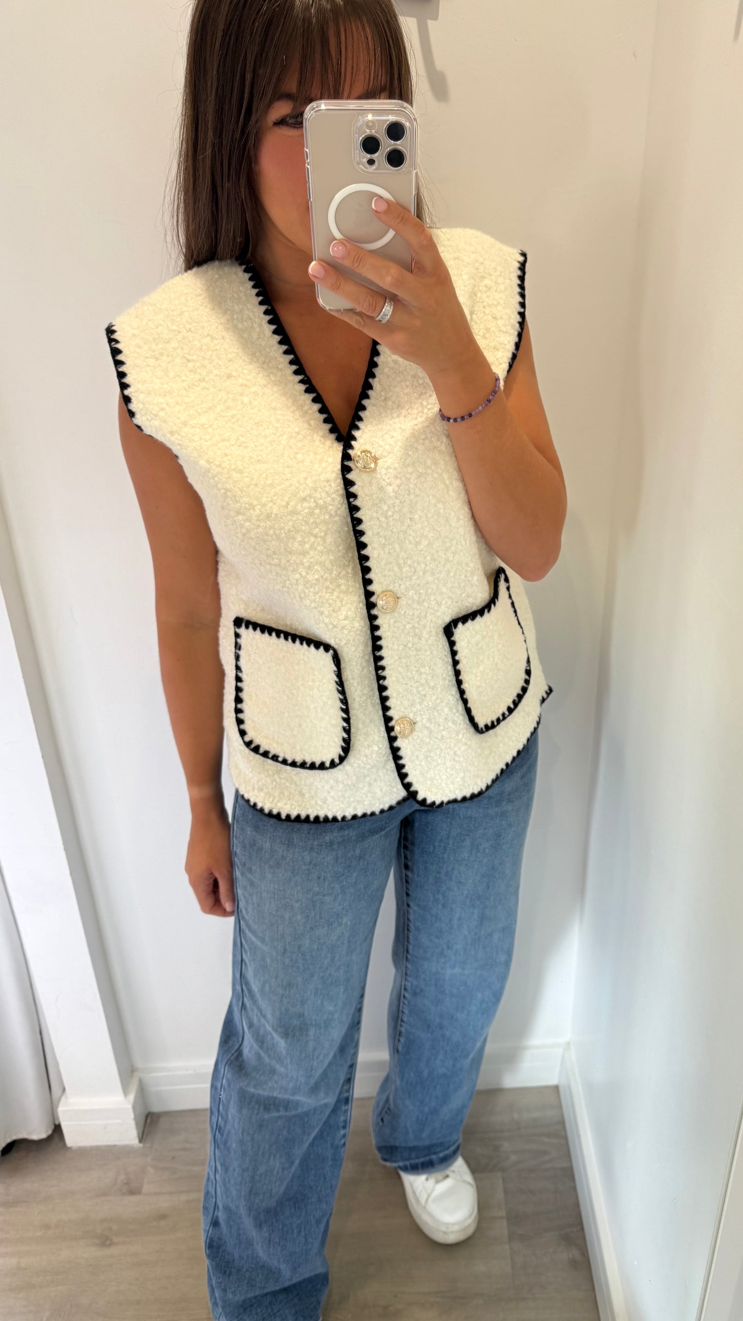 CREAM BOUCLE SLEEVELESS GILET WITH BLACK EDGING